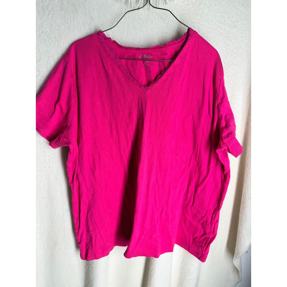 Chic Womens Magenta Pink V-Neck Lace Trim Cotton T-Shirt Size 2X